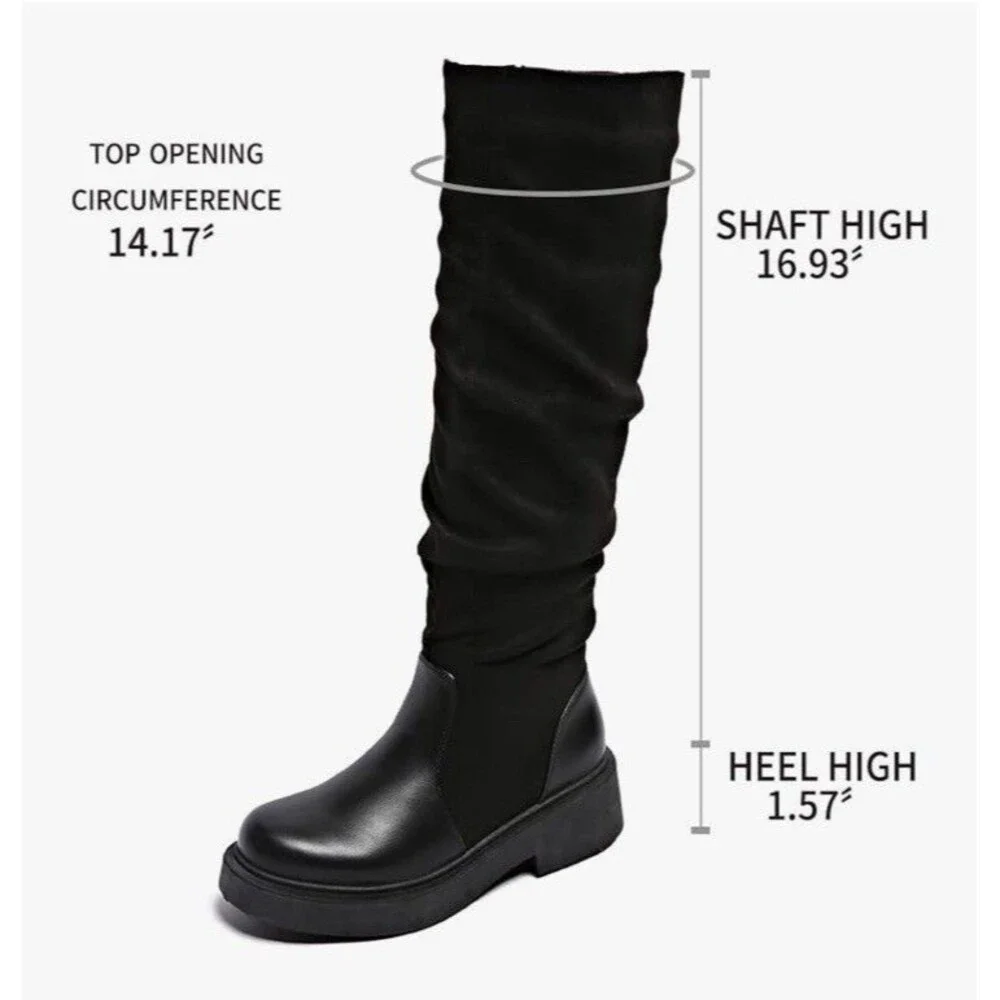 Women's Fashion Thick Heel Riding Boots Black Side Zipper Durable Elegant 7.5